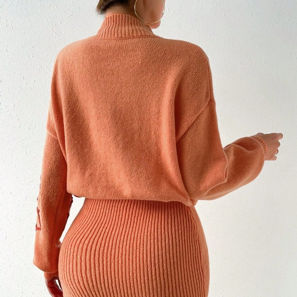 Orange Casual Womens Floral Pattern Mock Neck Drop Shoulder Sweater Dress - Picture 3 of 5